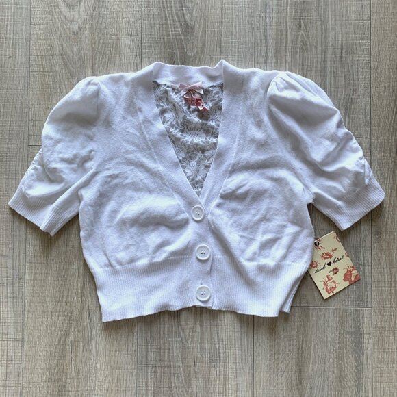 Derek Heart Lace Back Cropped Cardigan Short Sleeve Button Y2K White Sz Large L - Picture 1 of 9